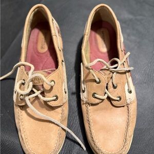 Sperry Tan Boat Shoes with Pink Lining